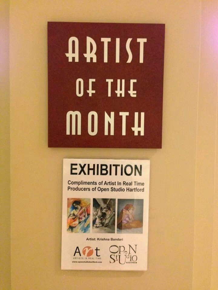Artist of the Month sign and Open Studio Hartford exhibition poster for Krishna Bandari
